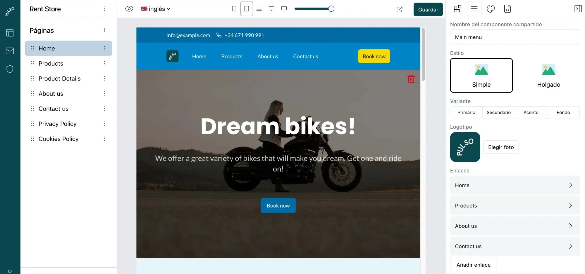 Editor de Pulso con una web de ejemplo para una empresa de alquiler de motos