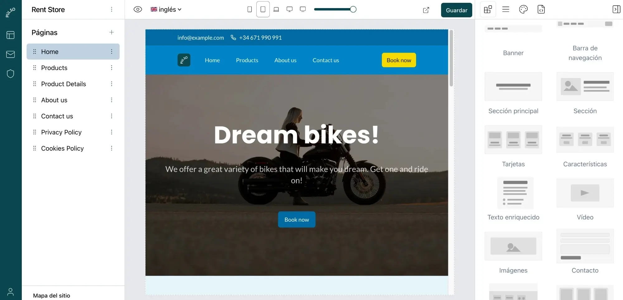 Editor de Pulso con el panel de secciones para añadir banners, tarjetas, vídeo, imágenes y contacto