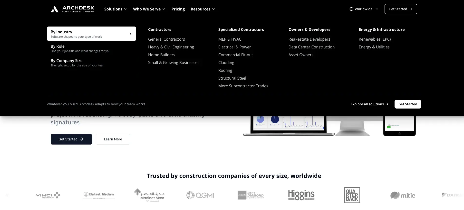 Screenshot of Archdesk's Who We Serve menu. It groups the site by industry, role and company size. Under By Industry it lists Contractors (general contractors, heavy and civil engineering, home builders, small and growing businesses), Specialized Contractors (MEP and HVAC, electrical and power, commercial fit-out, cladding, roofing, structural steel, more subcontractor trades), Owners and Developers (real-estate developers, data center construction, asset owners) and Energy and Infrastructure (renewables, energy and utilities).