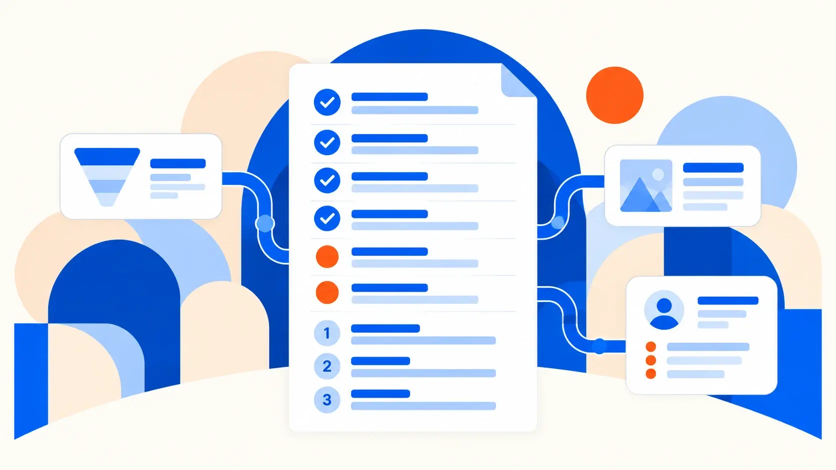 Illustration of an audit document with checked items, open issues and a numbered priority list, linked to a funnel, a page and a person's profile
